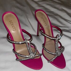 SCHUTZ NAIA CRYSTAL-EMBELLISHED LEATHER MULES size 9.5